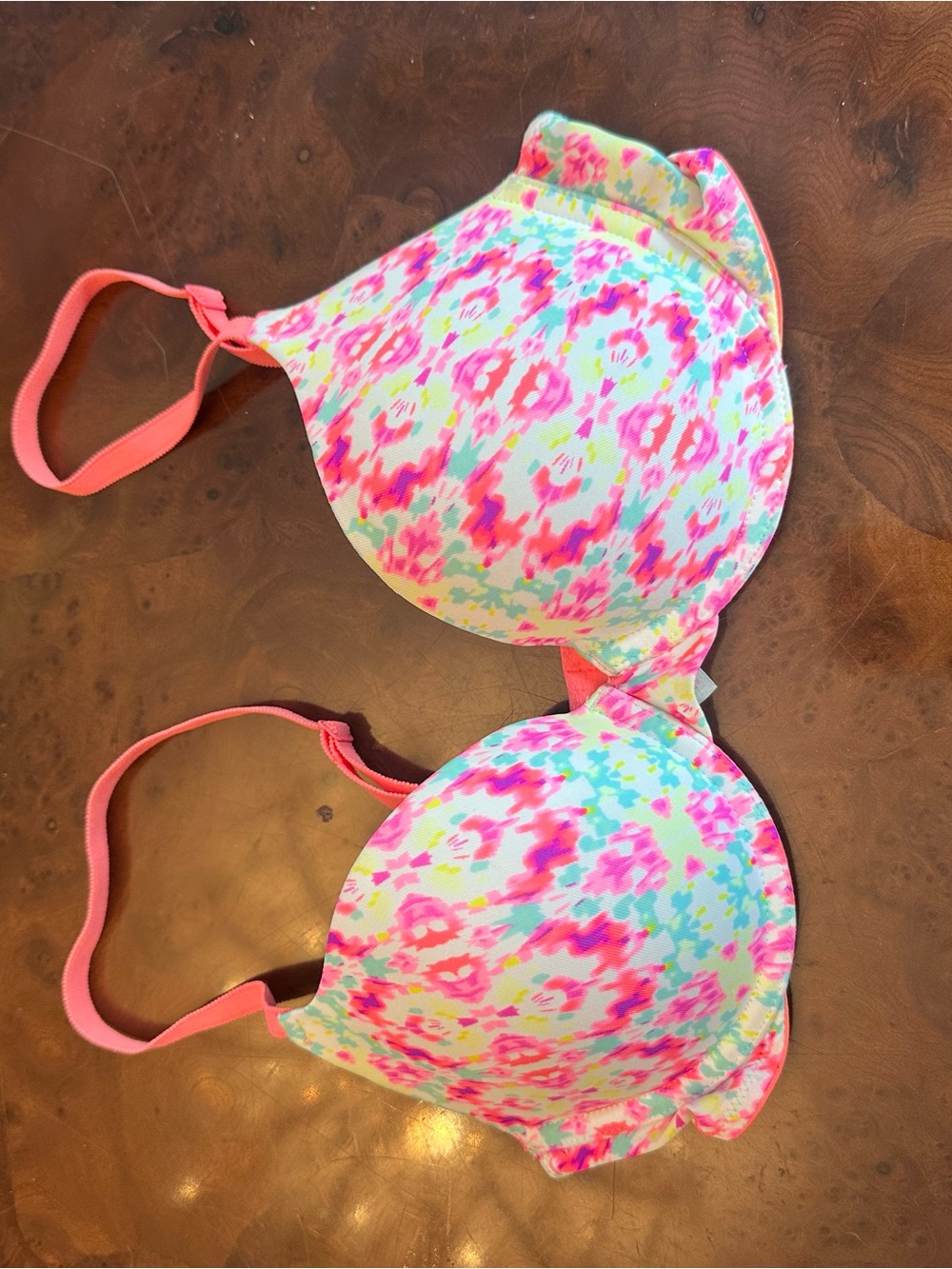 Pink by Victoria's Secret Coral Pink & Aqua Floral Push-up Bra